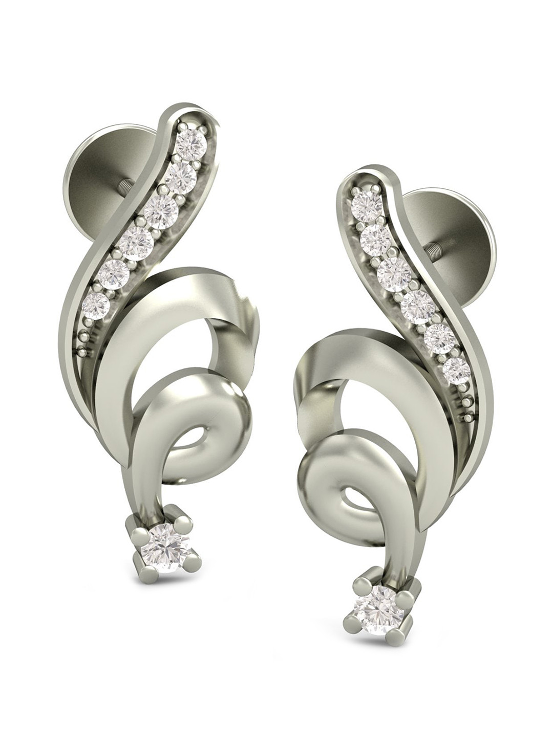 KUBERBOX Spiral Drool 18KT White Gold Diamond Studded Stud Earrings-2.28gm