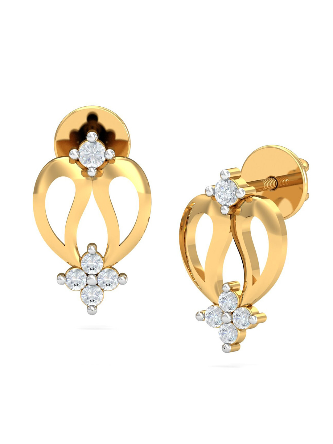 KUBERBOX Leaf Heart 18KT Gold Diamond Studded Stud Earrings-1.67gm