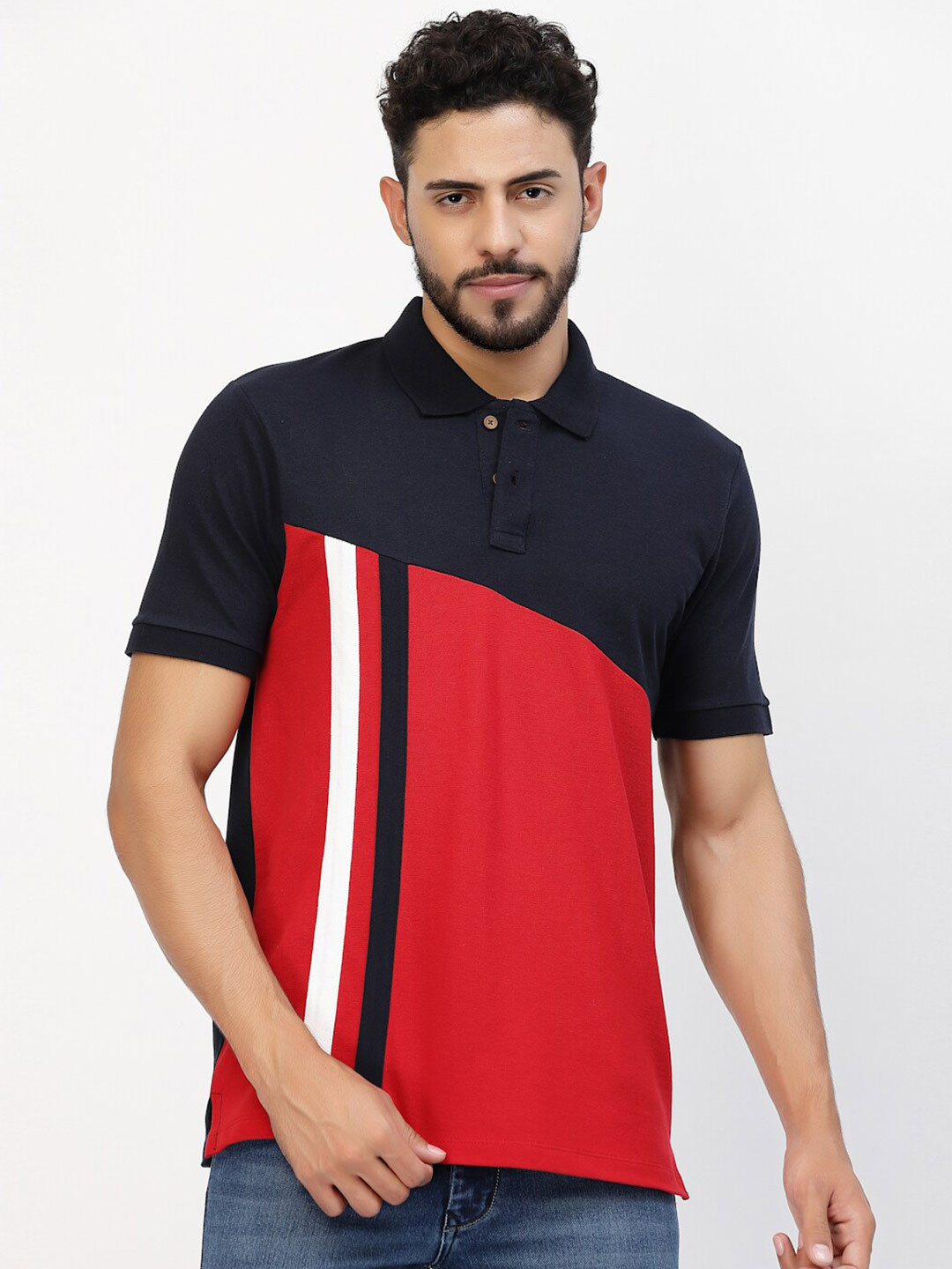 Kalt Colourblocked & Striped Polo Collar T-shirt