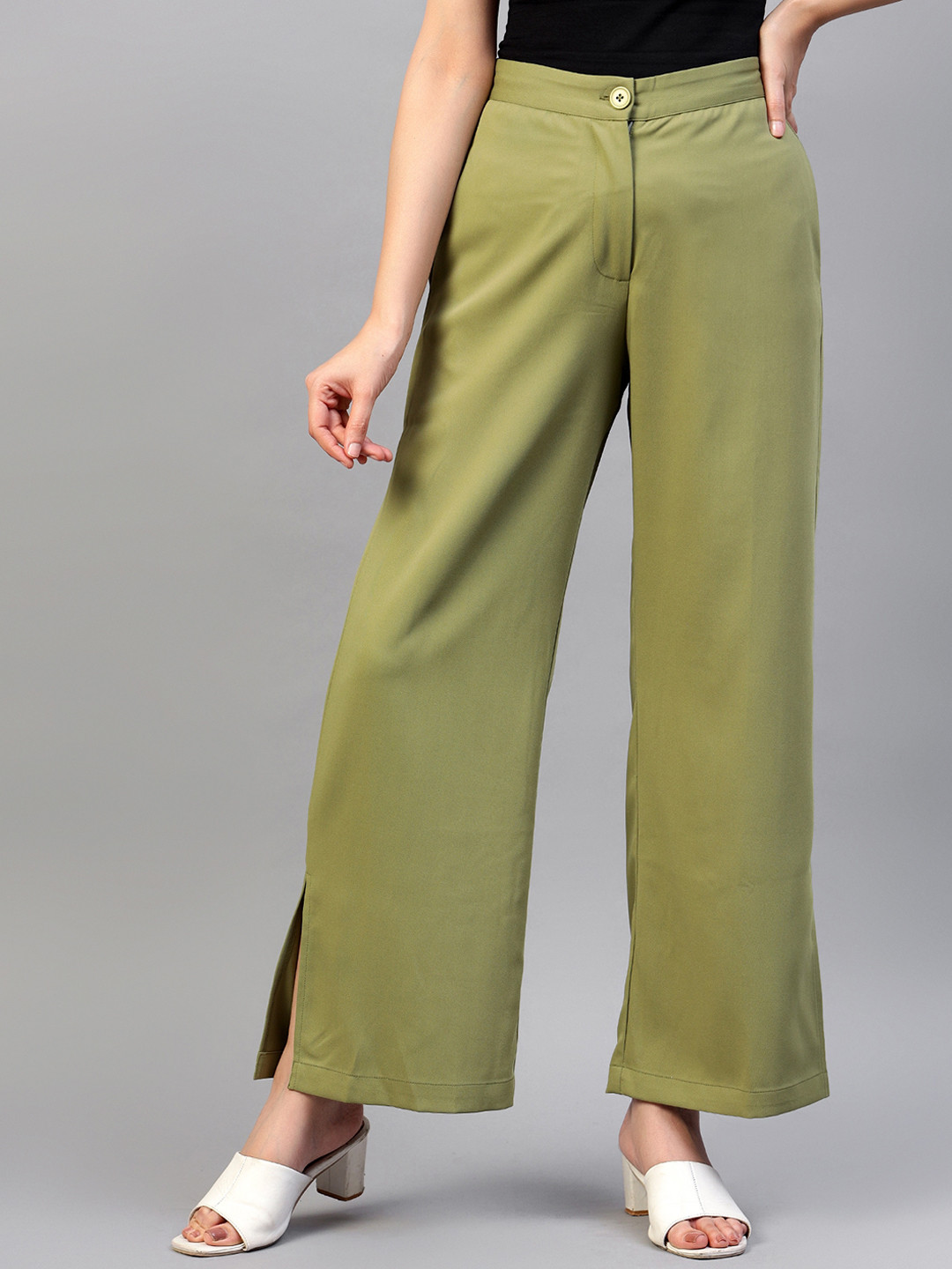 Hencemade Women High-Rise Plain Relaxed Fit Side Slits Parallel Trousers