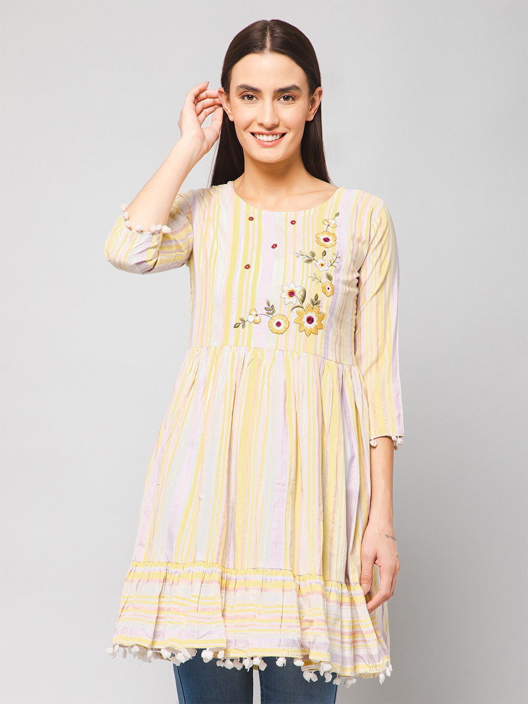 Winza Designer Striped Round Neck Embroidered Tunic