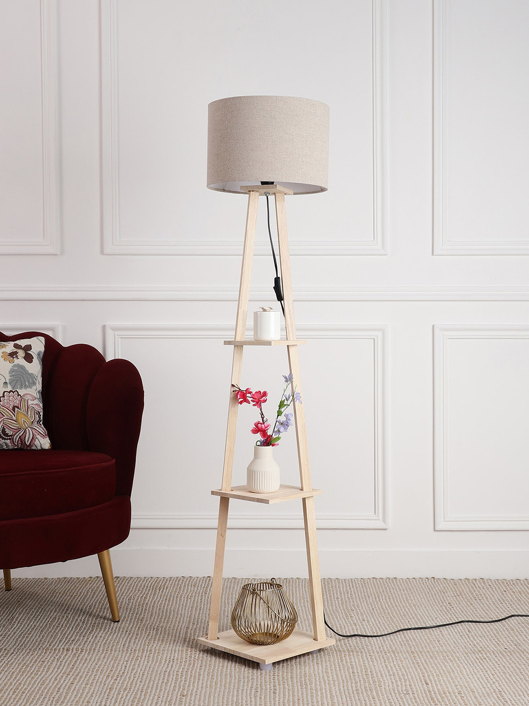 SANDED EDGE Beige Wooden Floor Lamp With Shade & Shelves