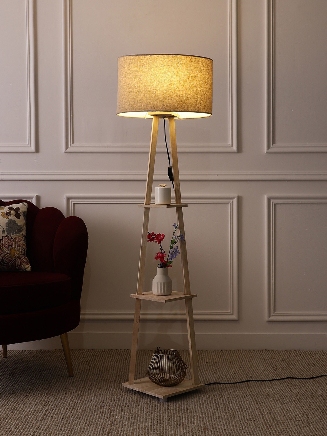SANDED EDGE Beige Wooden Floor Lamp With Shelves & Shade