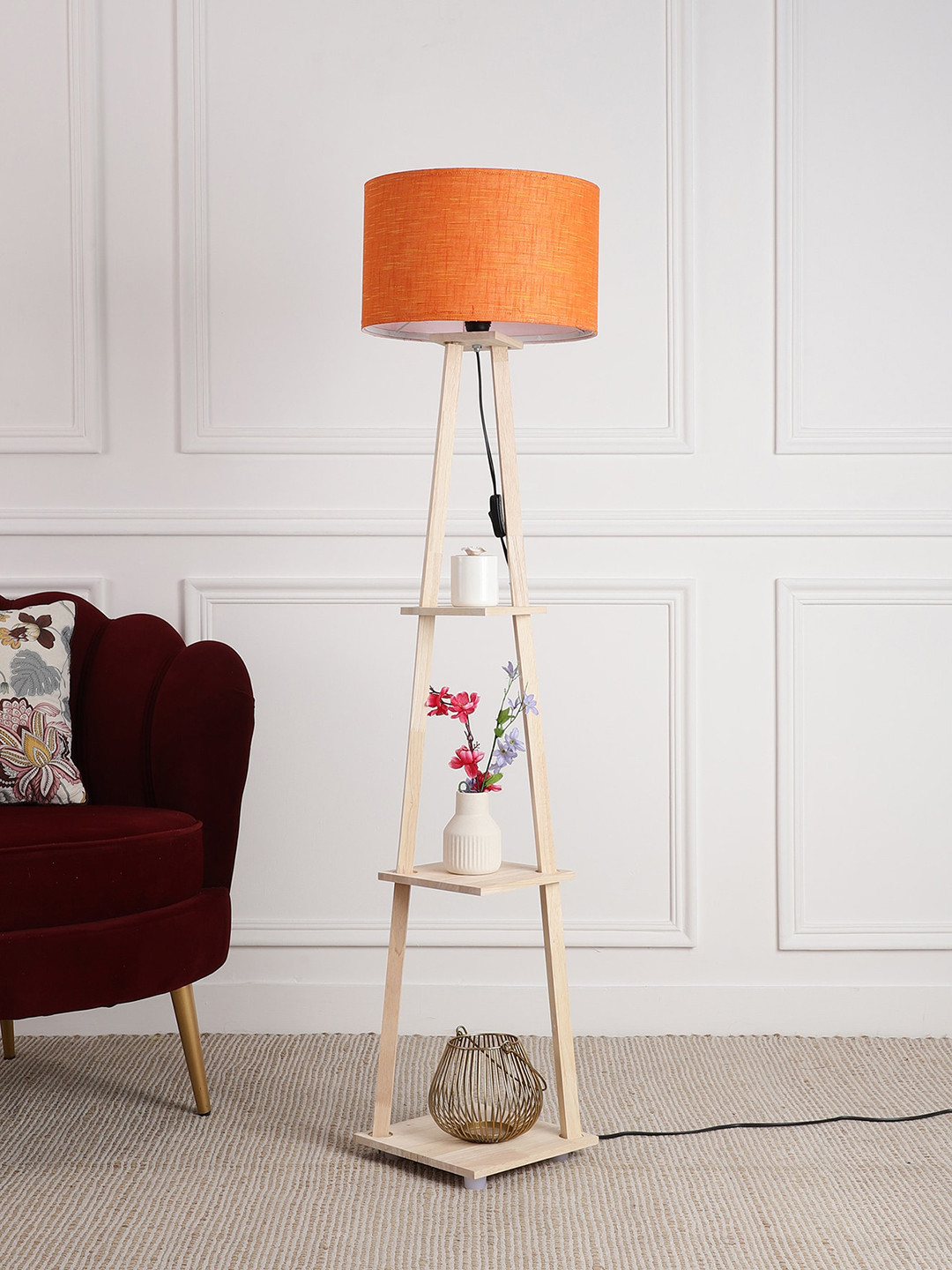 SANDED EDGE Beige & Orange-Colored Wooden Floor Lamp With Shelves & Shade