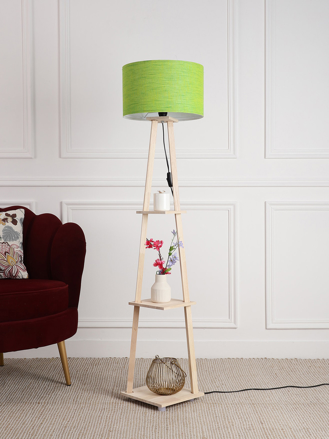 SANDED EDGE Green & Beige Wooden Floor Lamp With Shelves & Shade