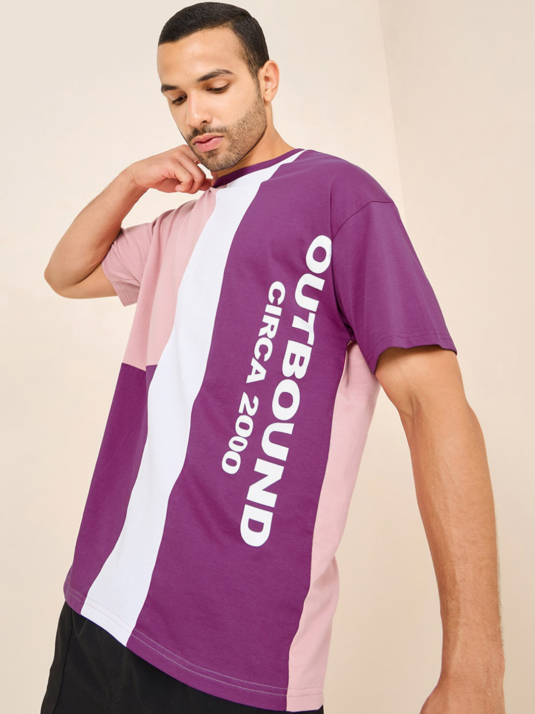Styli Men Pink & Purple Colourblocked Pure Cotton Oversized T-shirt