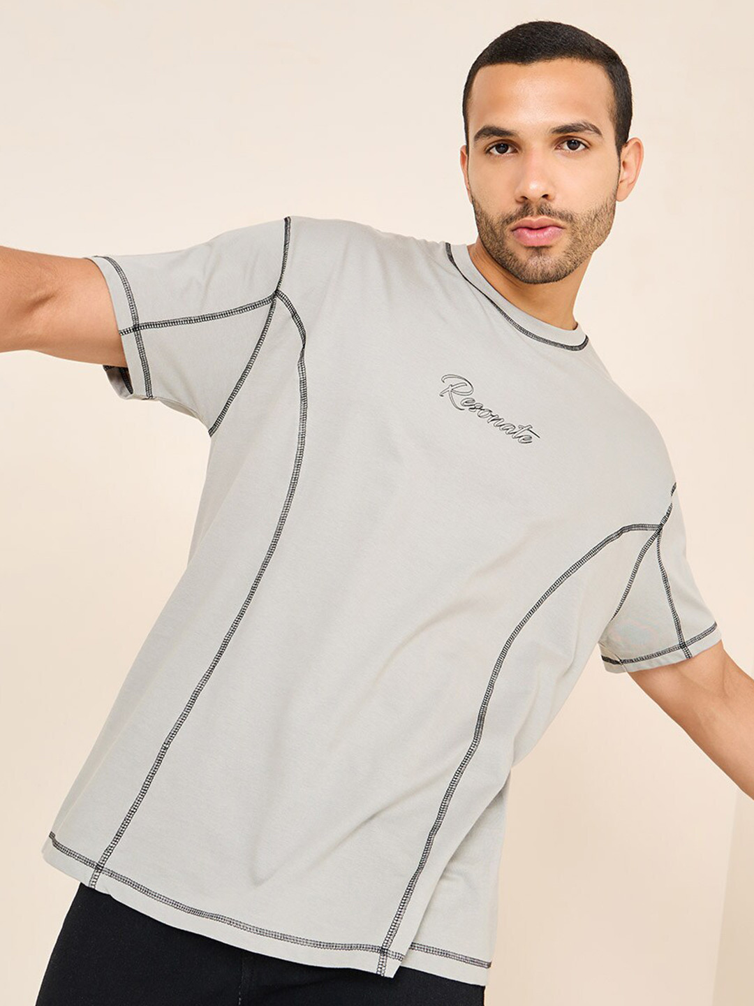 Styli Men Compact Jersey Oversized Flat Lock Detail Tee With Chest Print Detail