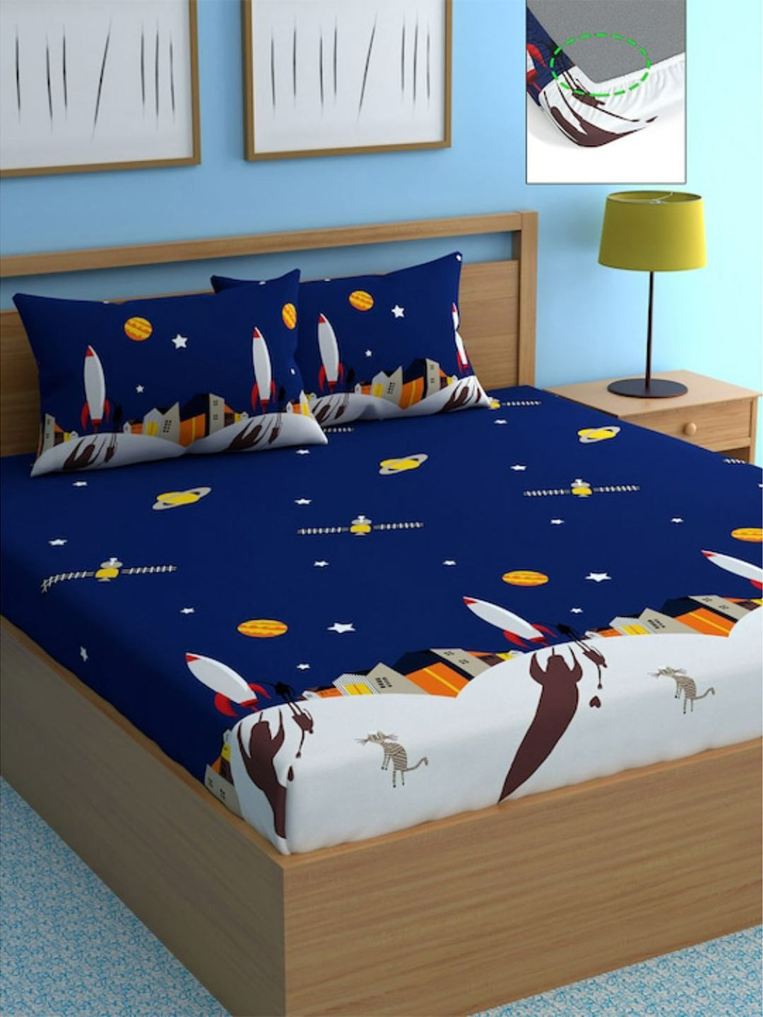 Bajo's Blue Graphic Cotton 250 TC Fitted King Fine Bedsheet with 2 Pillow Covers-102 x 102 inches