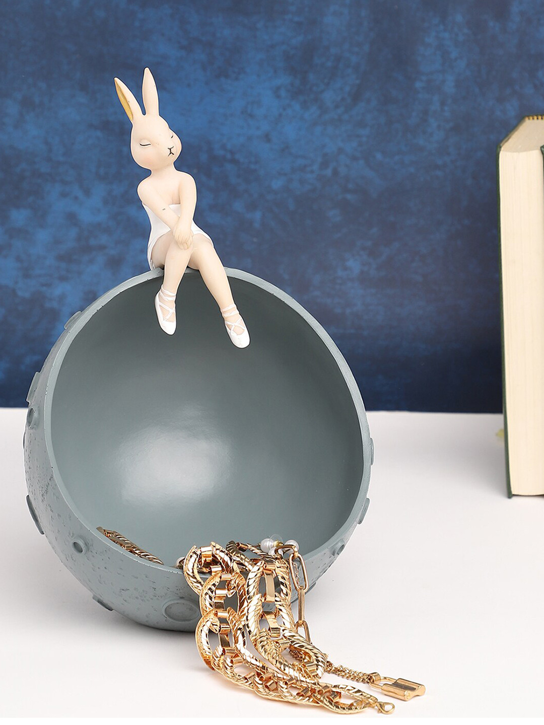 Bonhomie Rabbit On Moon Grey Ceramic Glossy Living Room Small Showpiece - 6.7 Inches