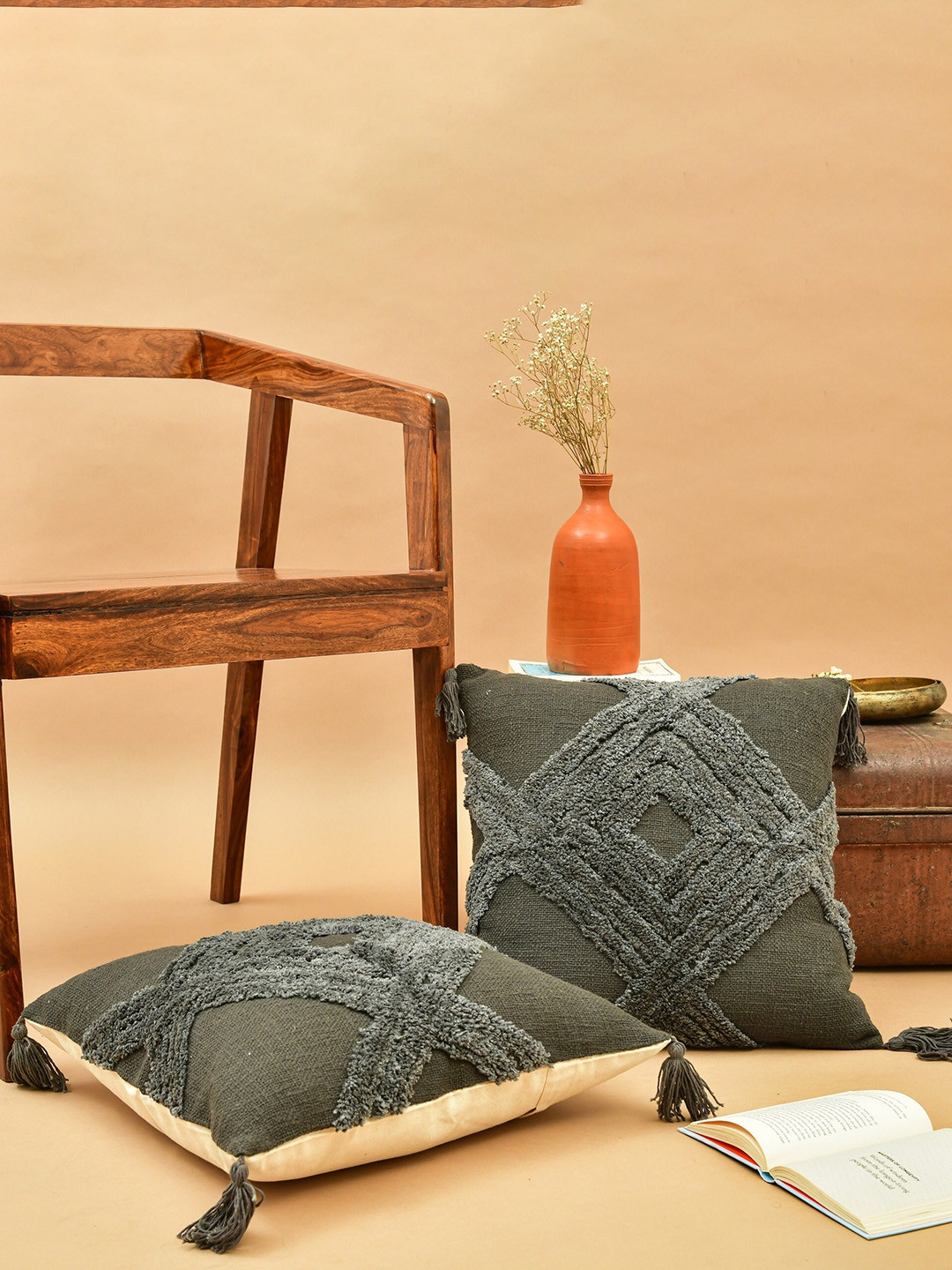 HOMEMONDE Charcoal Cotton Breathable 2 Piece Embroidered Square Cushion Covers -18x18In