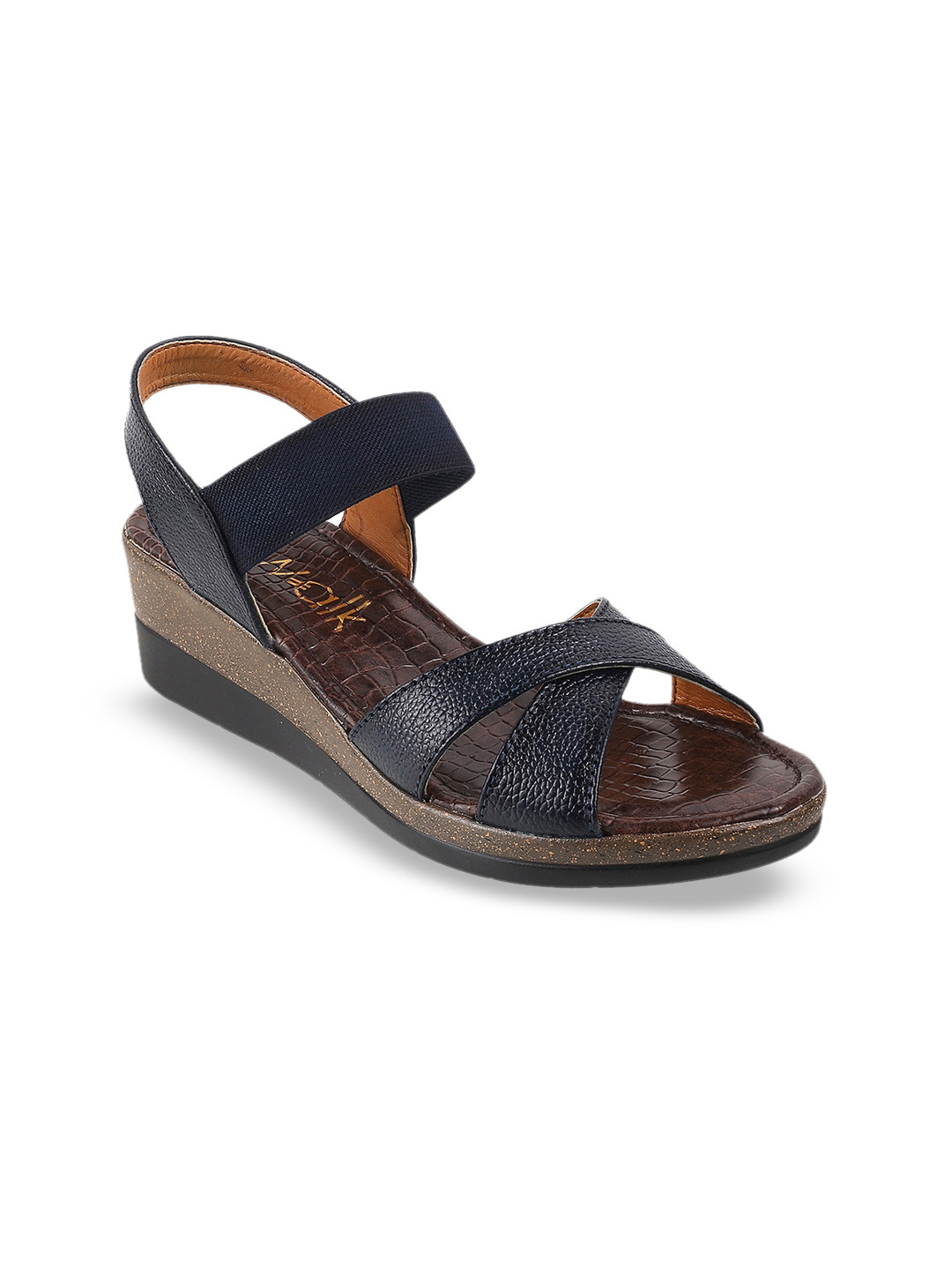 Catwalk Cross Strap Textured Leather Wedges With Backstrap