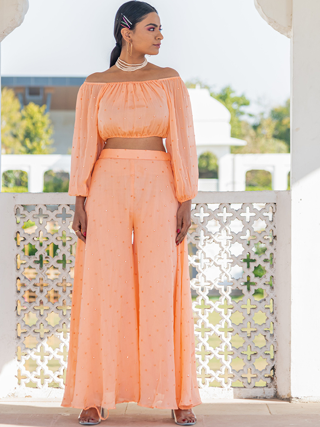 Kohsh Embellished Off-Shoulder Crop Top With Palazzo Co-Ords