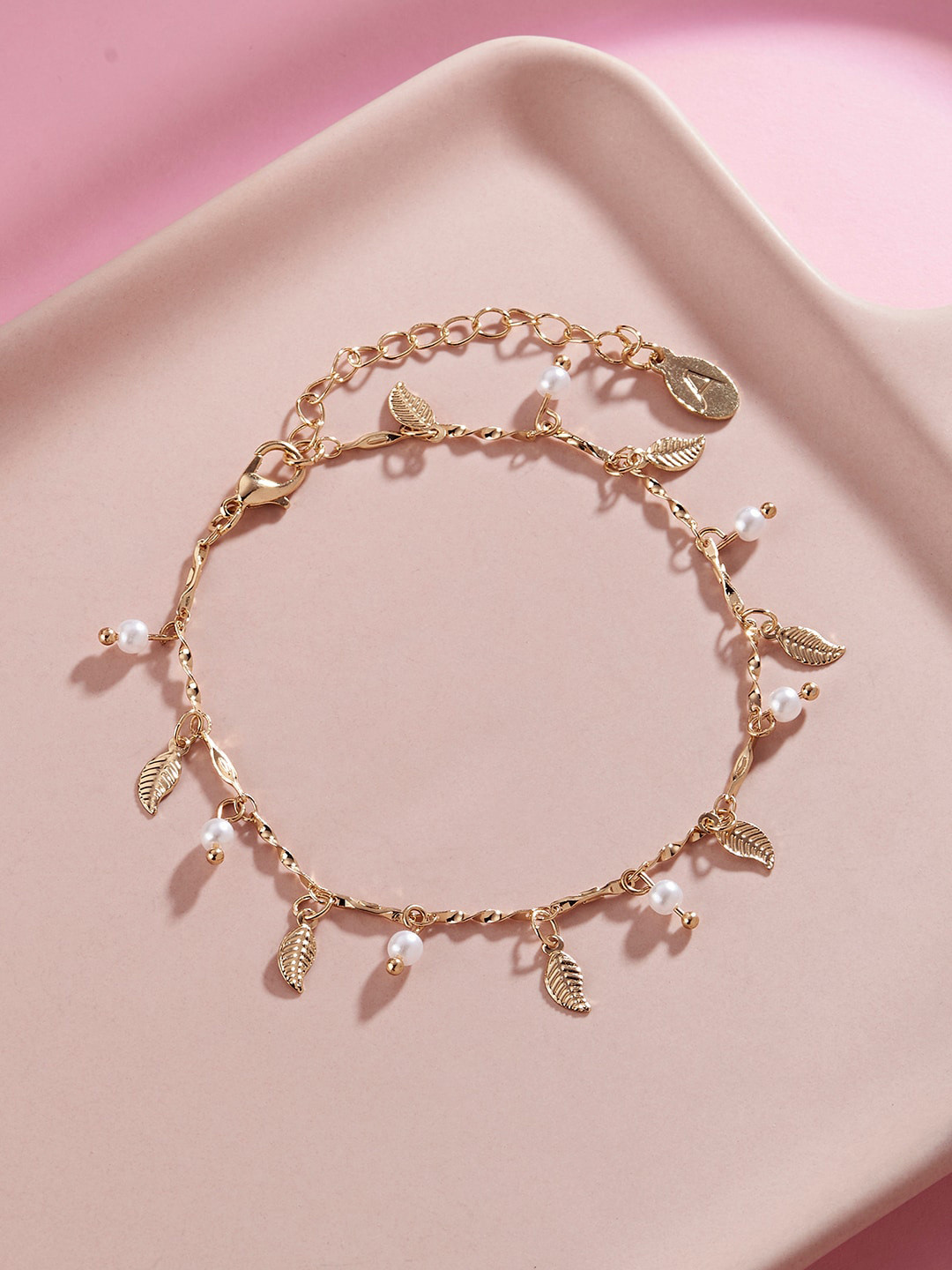Accessorize Gold Plated Beaded & Leaf Textured Anklet