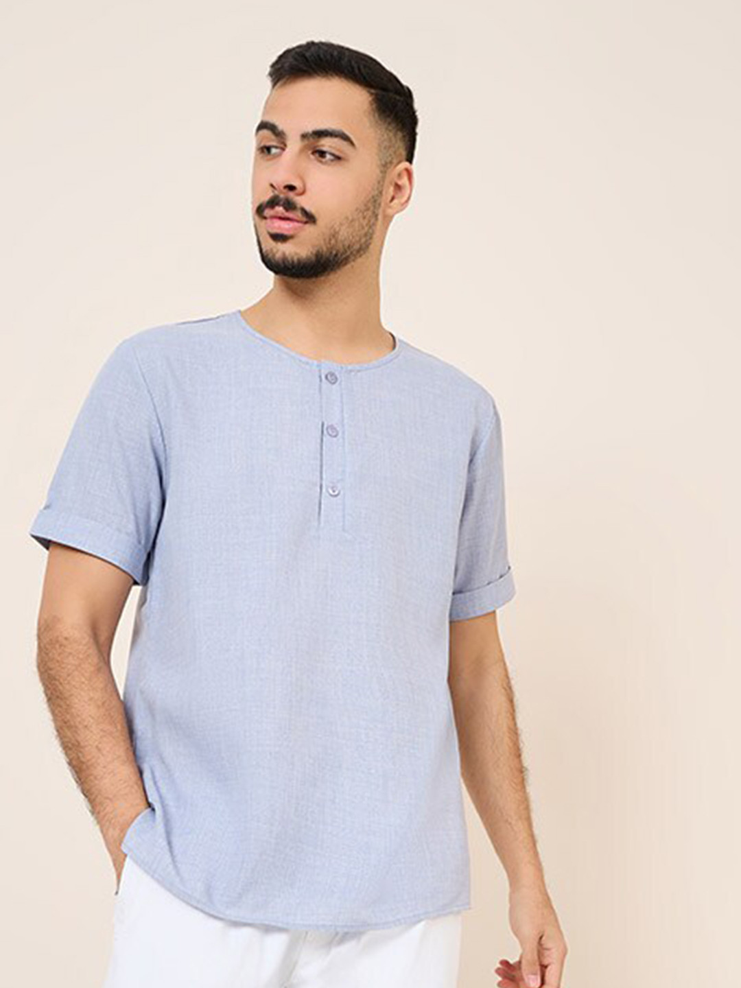 Styli Men Blue Half Placket Casual Shirt