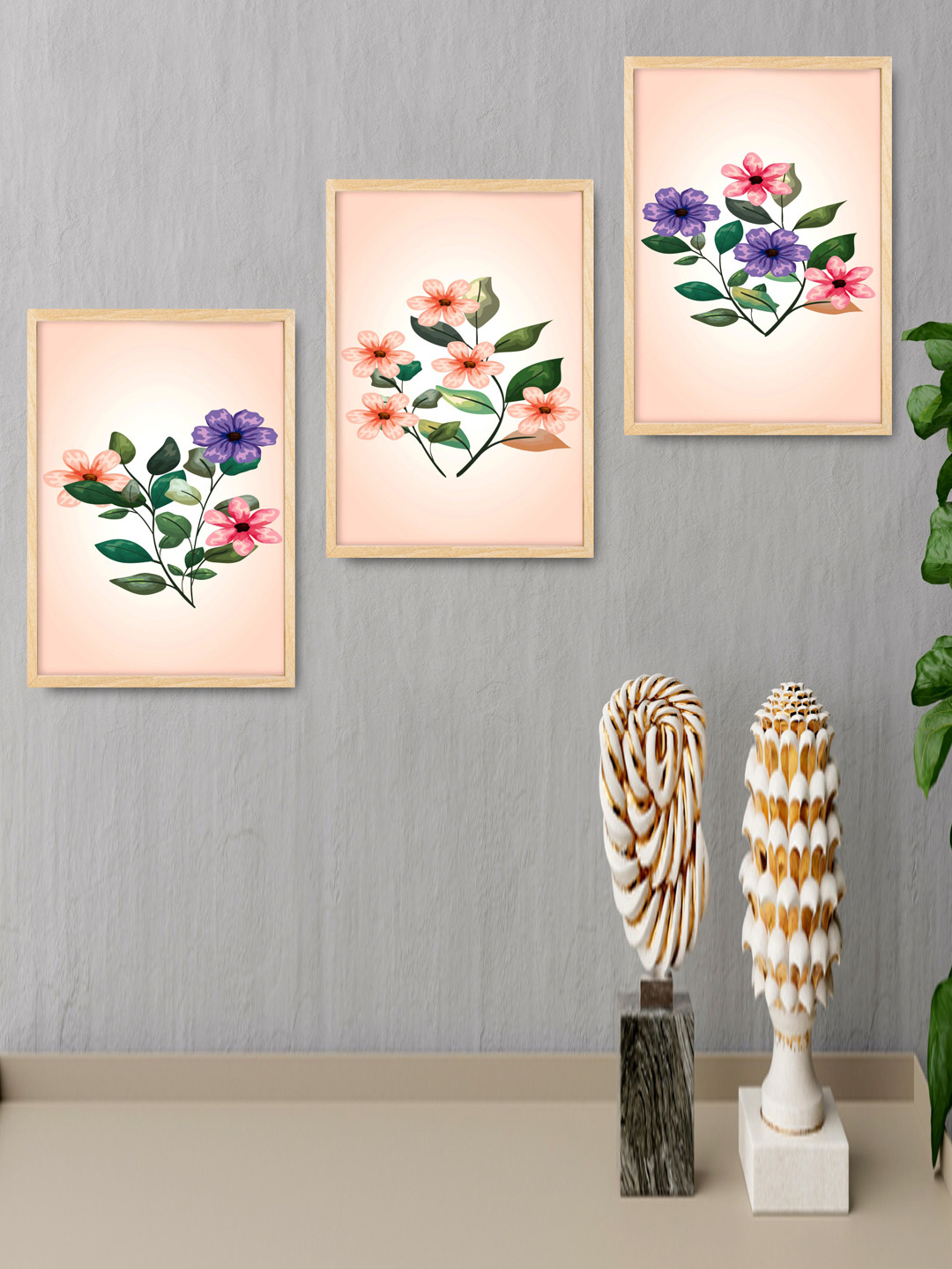 SAF Beige & Purple 3 Pieces Flower Painted Wall Art