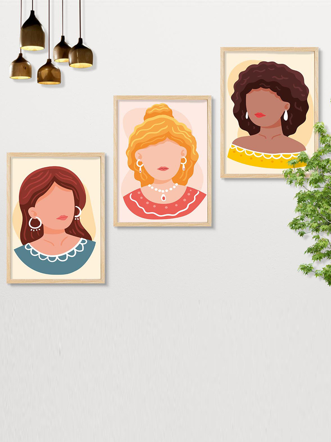 SAF Yellow & Blue 3 Pieces Boho Woman Wall Art