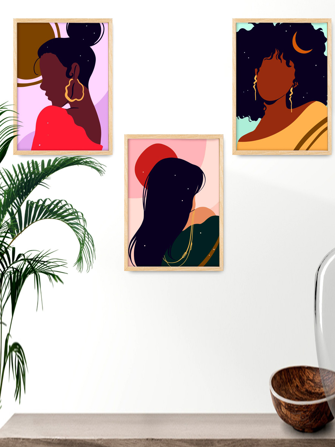 SAF Black & Brown 3 Pieces Boho Woman Painted Framed Wall Art