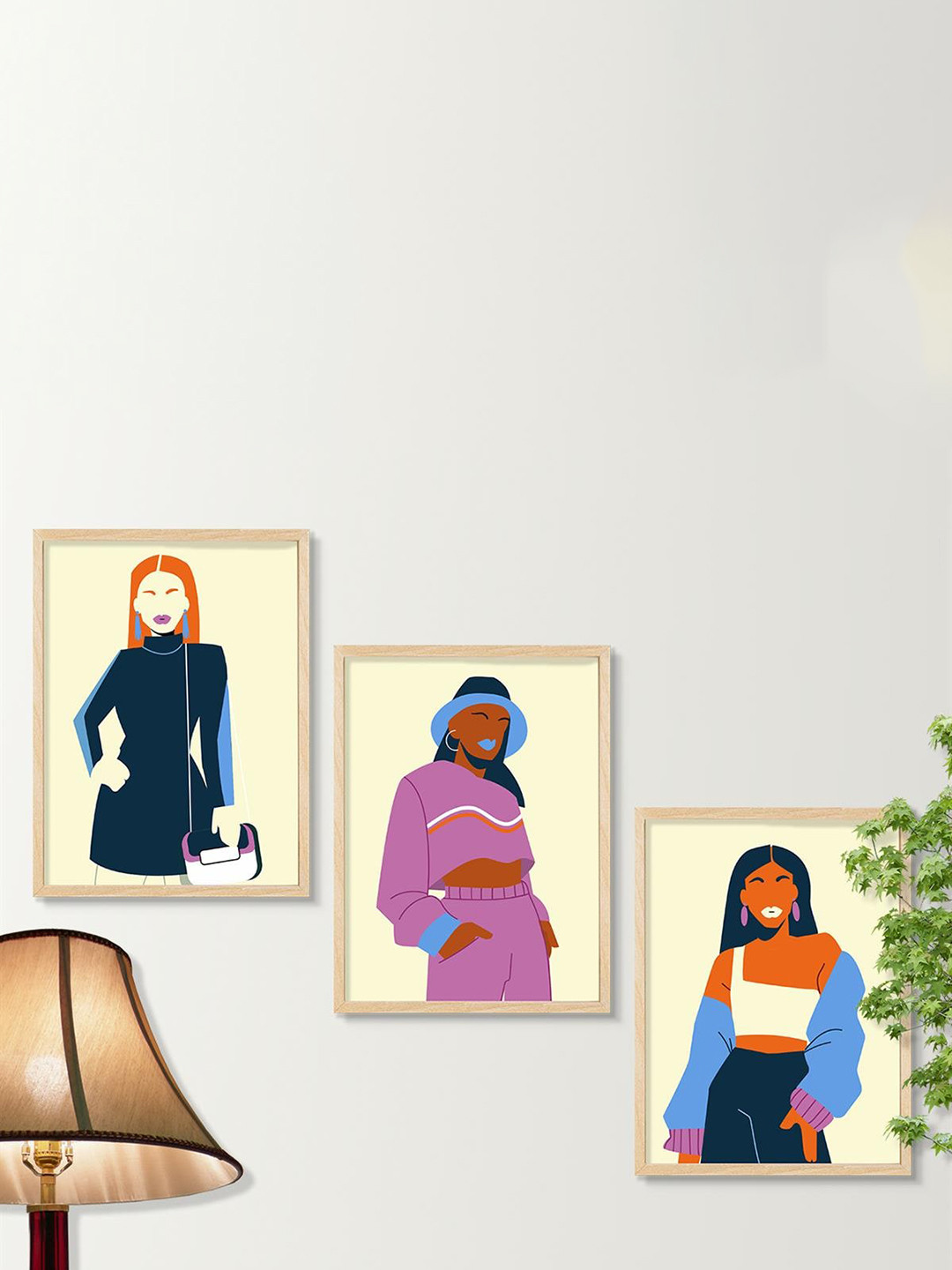 SAF Boho Woman MDF 3 Piece Wall Rectangle Paintings Wall Art - 10.5 x 13.5In