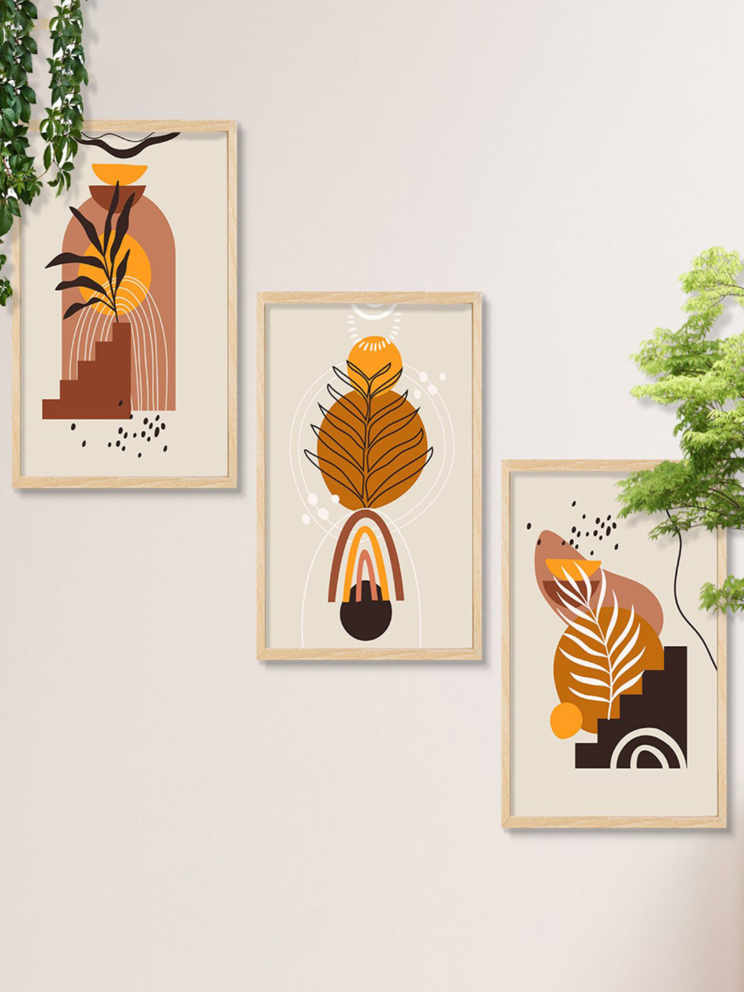SAF Orange-Colored & White 3 Pieces Modern Printed Framed Wall Art