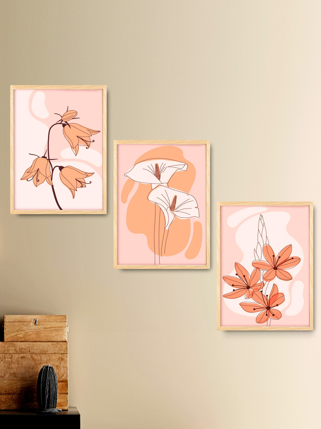 SAF 3-Pcs Peach-Coloured & Pink Modern Painting Framed Wall Art
