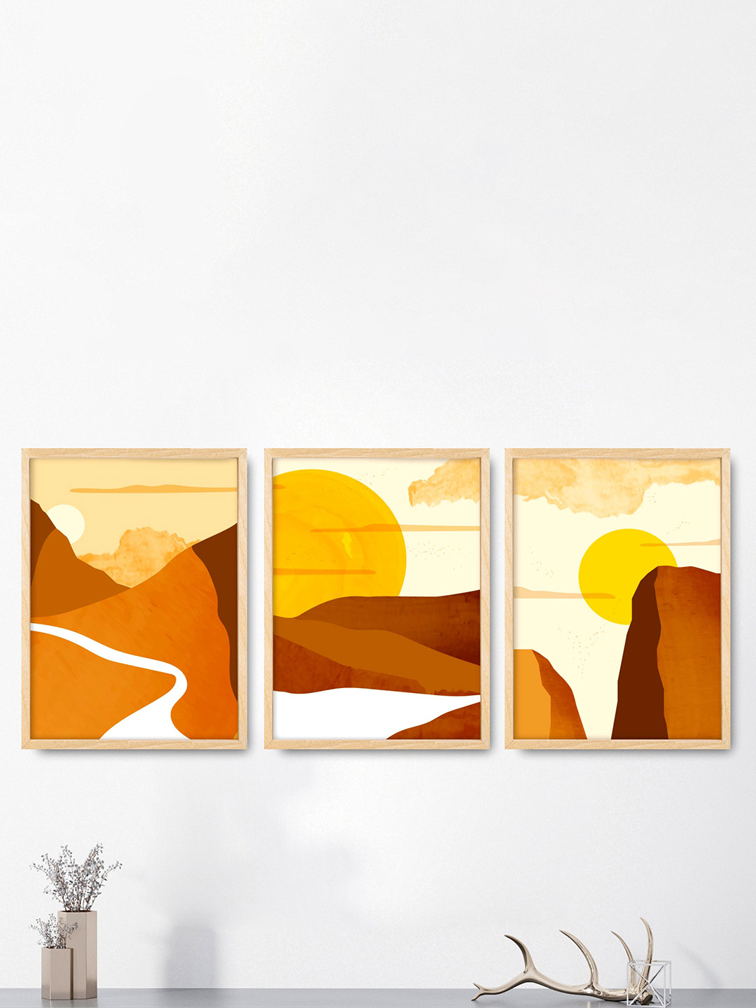 SAF 3-Pcs Yellow & Brown Modern Painting Framed Wall Art