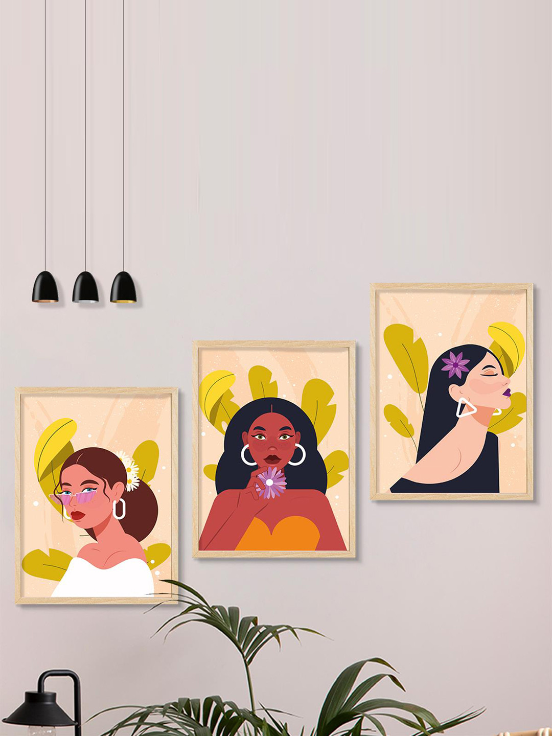SAF 3-Pcs Pink & White Boho Woman Painting Framed Wall Art