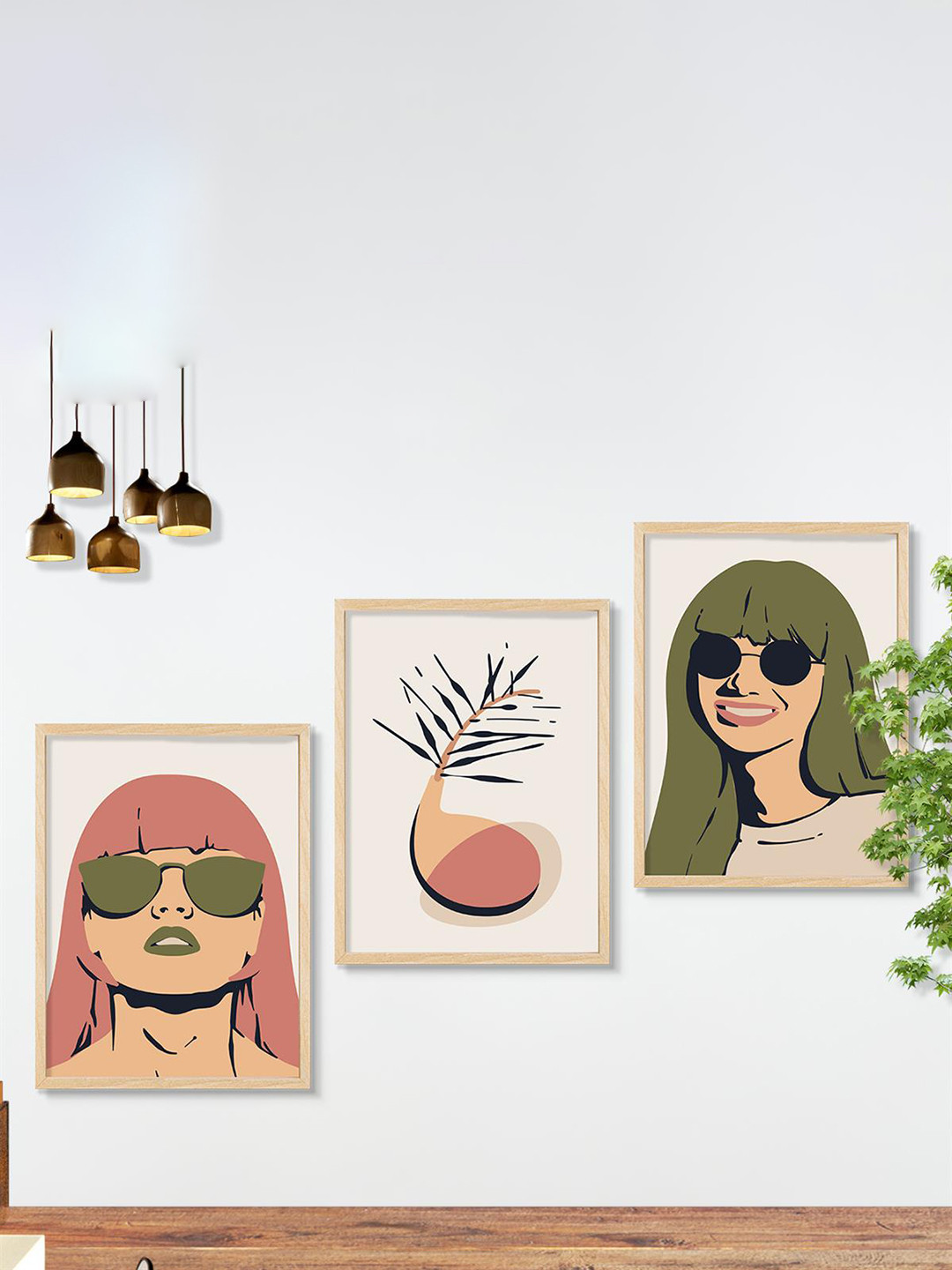 SAF 3-Pcs Green & Pink Boho Women Painting Framed Wall Art