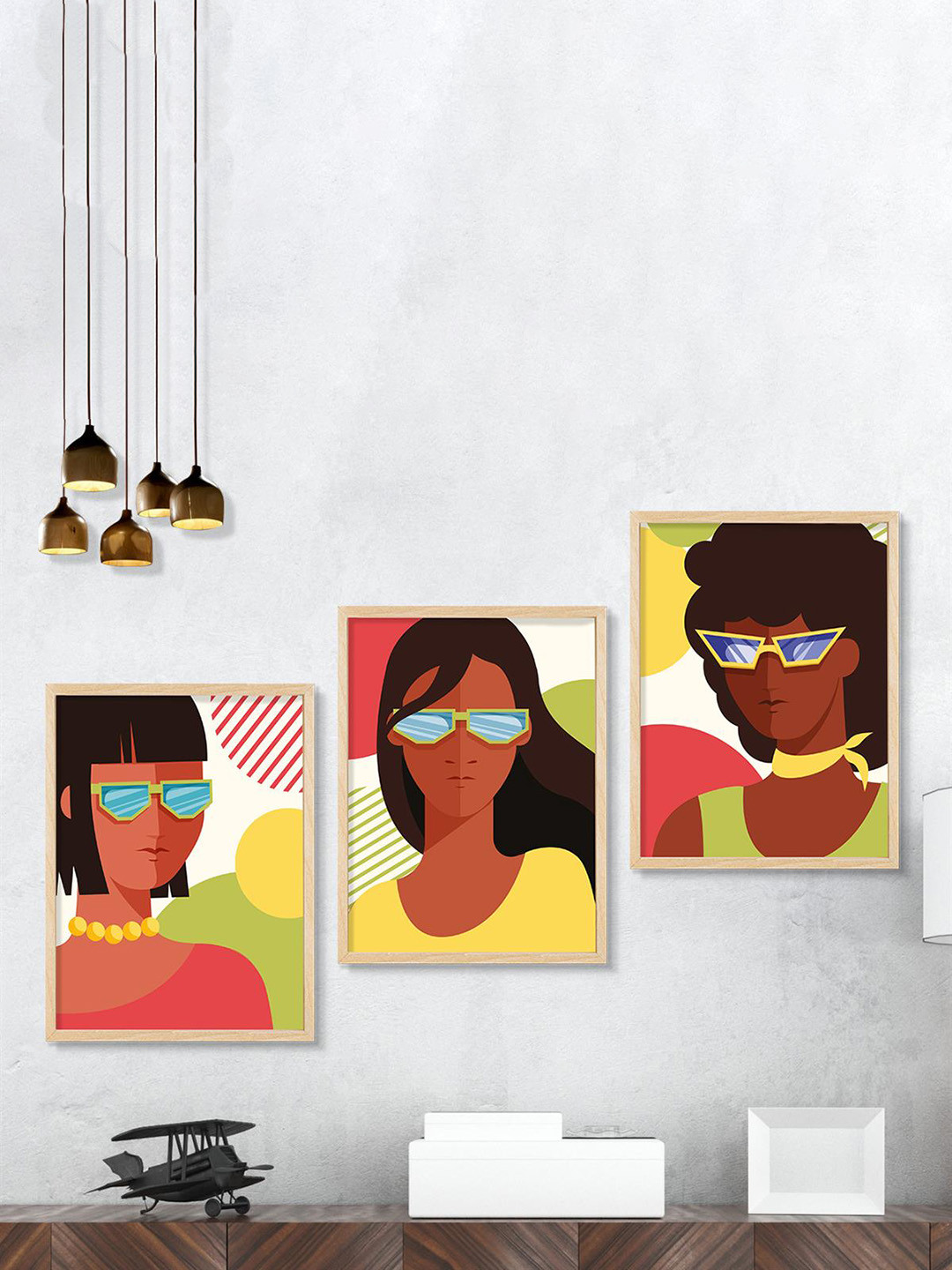 SAF 3-Pcs Brown & Green Boho Women Painting Framed Wall Art