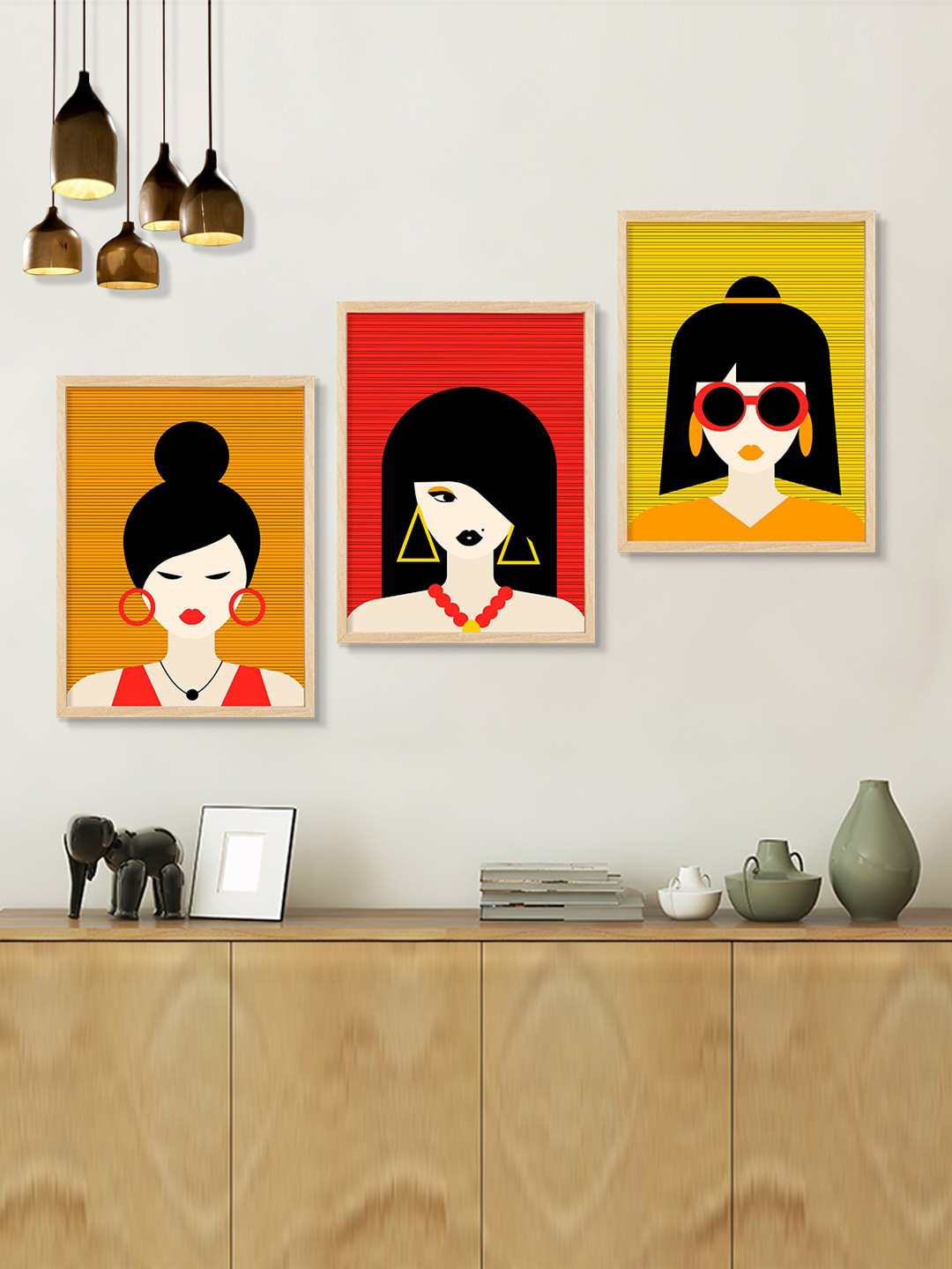 SAF Boho Woman Art Canvas 3 Piece Wall Rectangle Paintings Wall Art - 10.5 x 13.5In