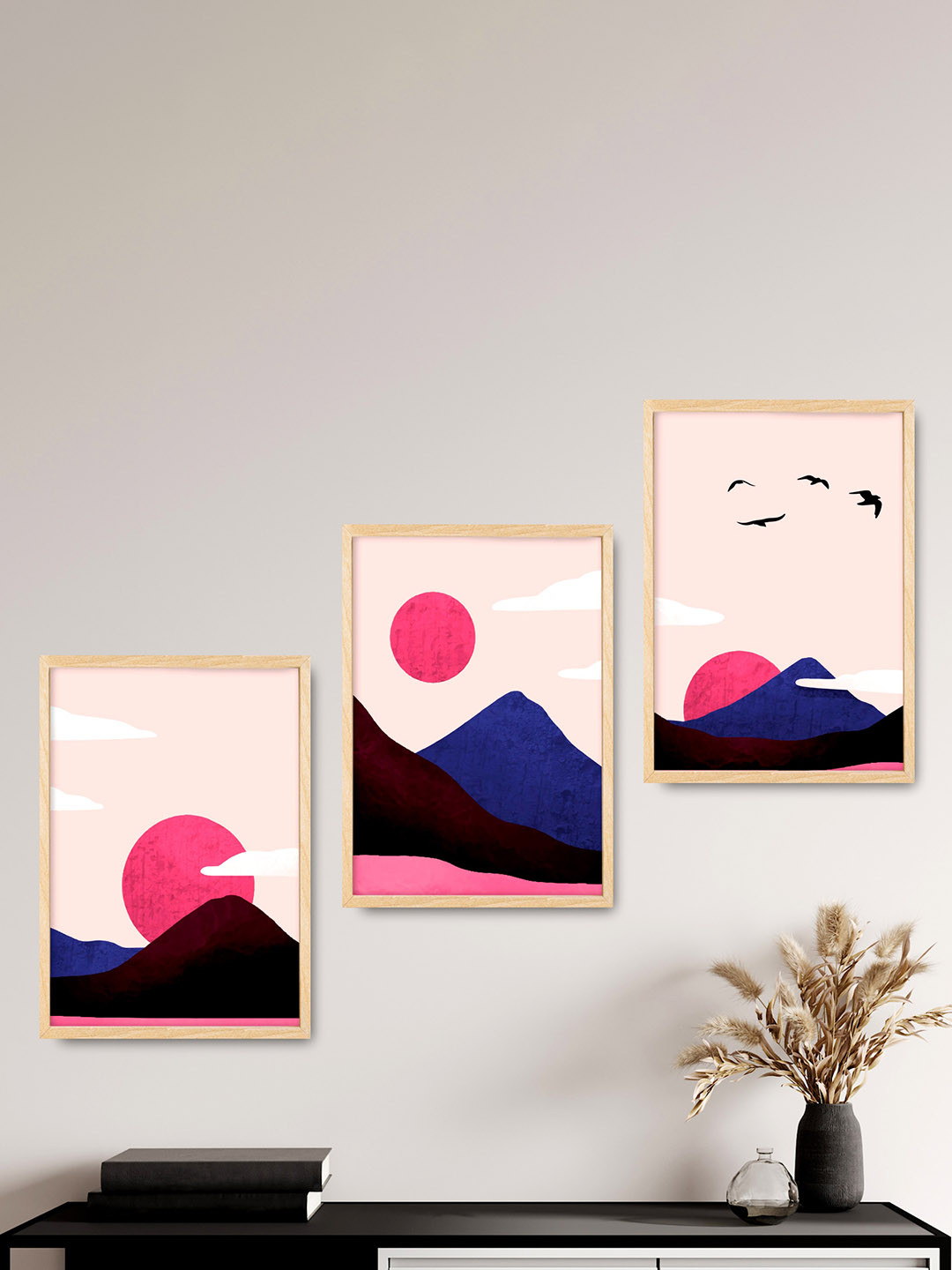 SAF 3 Pcs Pink & Blue Modern Art Painting Framed Wall Art