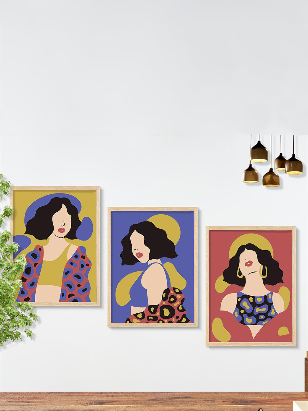 SAF 3 Pcs Yellow & Blue Boho Women Painting Framed Wall Art