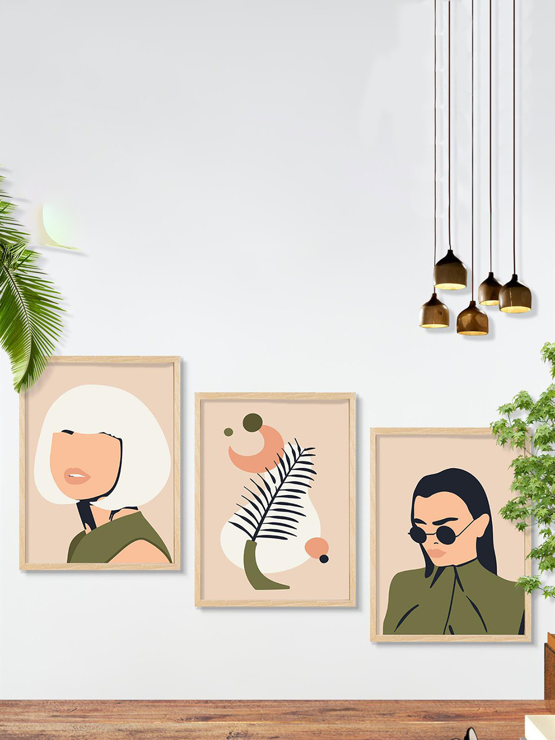 SAF 3-Pcs Beige & Green Boho Women Painting Framed Wall Art