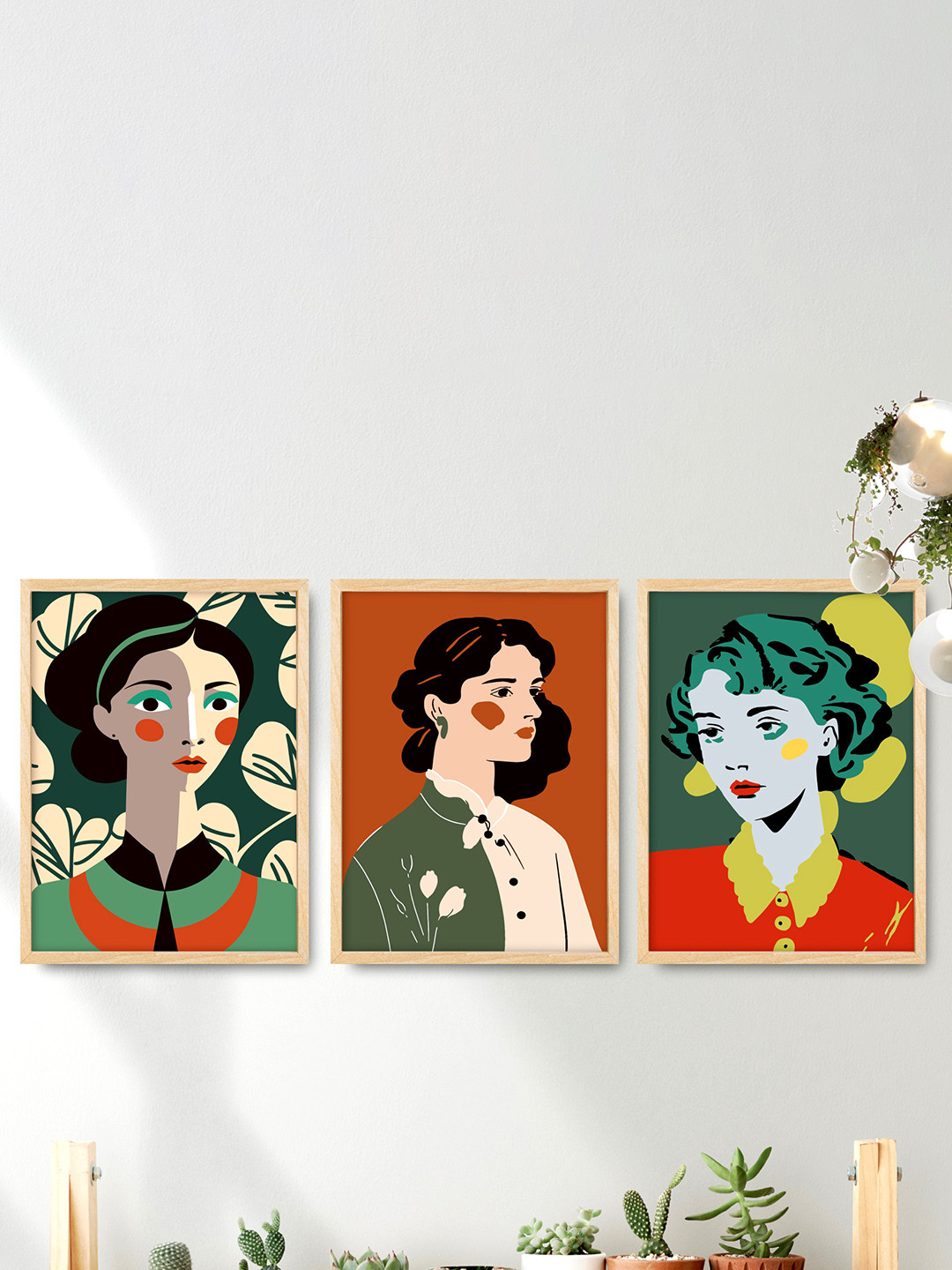 SAF 3-Pcs Green & Red Boho Women Painting Framed Wall Art