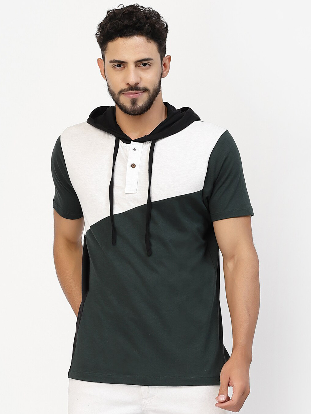 Kalt Colourblocked Hooded Short Sleeves Regular Fit Casual T-Shirt