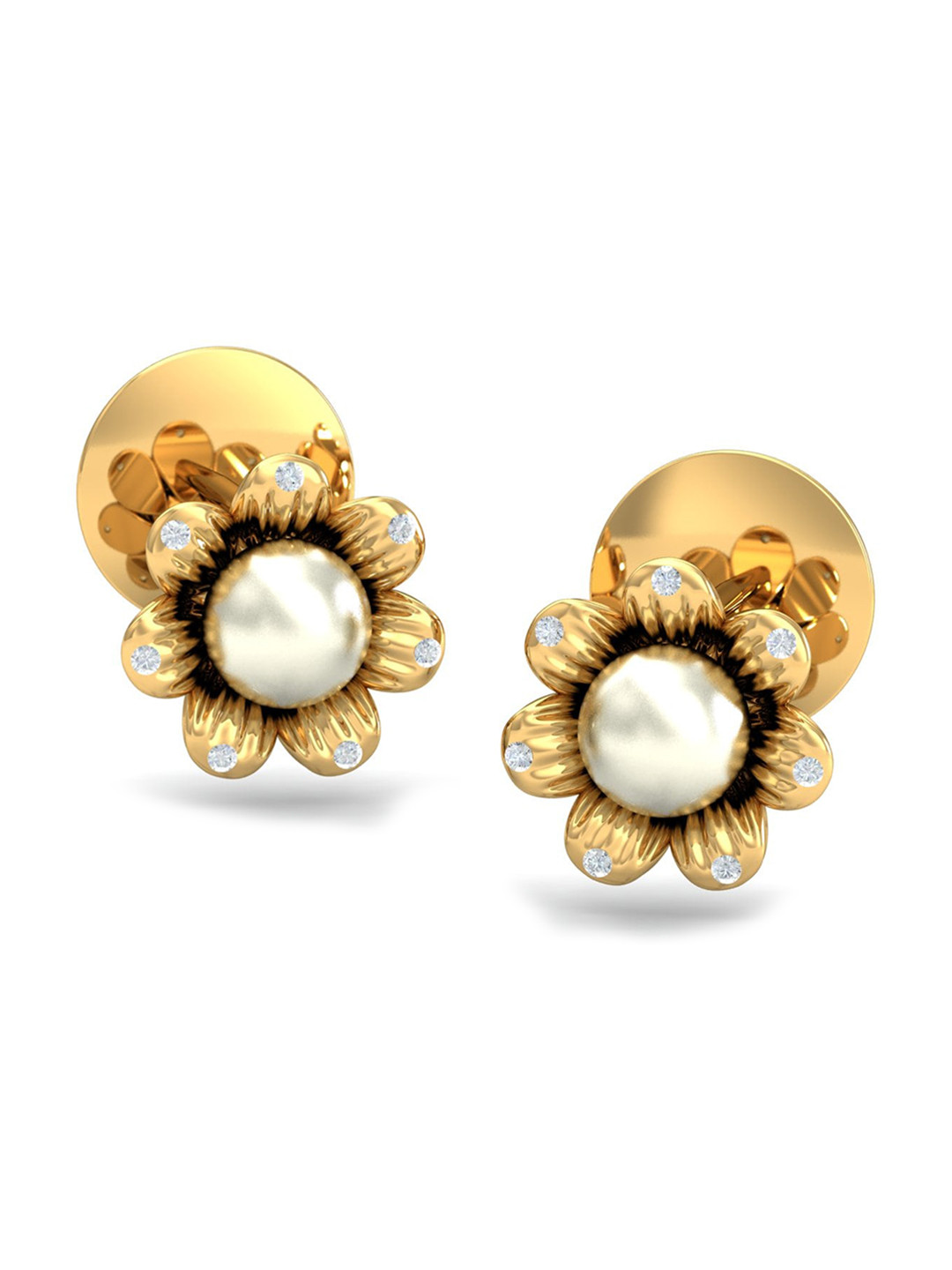 KUBERBOX Dainty Floral 18KT Gold Diamond-Studded Pearl Earrings-2.24 gm