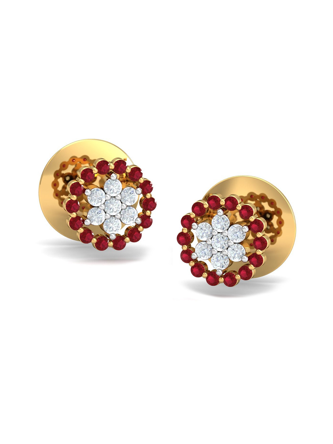 KUBERBOX Anahi 18KT Gold Diamond Studded Classic Ruby Stud Earrings- 1.68 gm