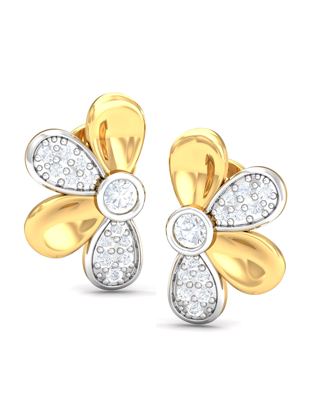 KUBERBOX 18KT Gold Diamond-Studded Floral Bloom Stud Earrings-1.85 gm