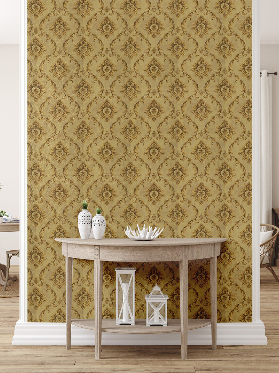 Asian Paints ezyCR8 Damask Leaf Chain Yellow Golden Non Adhesive Wallpaper (53x950cm)