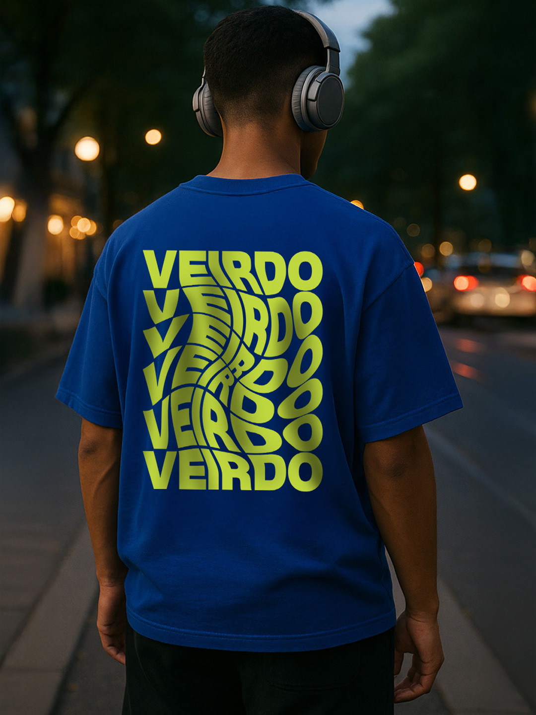 VEIRDO Blue & Yellow Typography Printed Cotton T-shirt