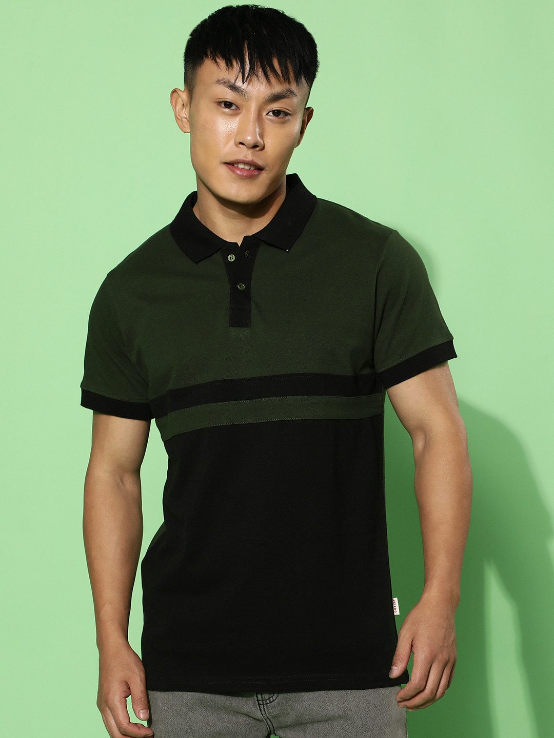 VEIRDO Olive Green Polo Collar Cotton T-shirt