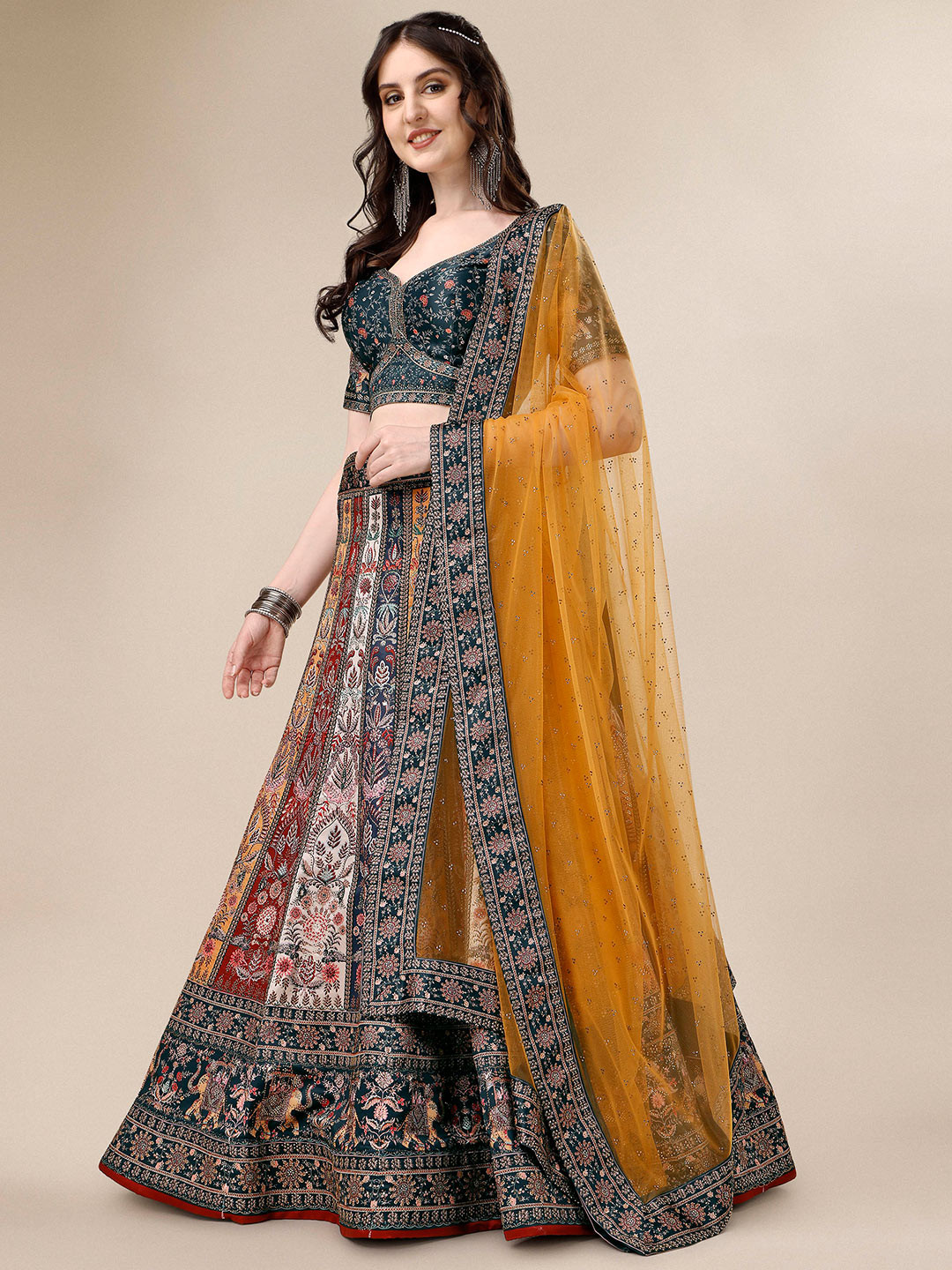 SAPTRANGI Beads and Stones Semi-Stitched Lehenga & Unstitched Blouse With Dupatta