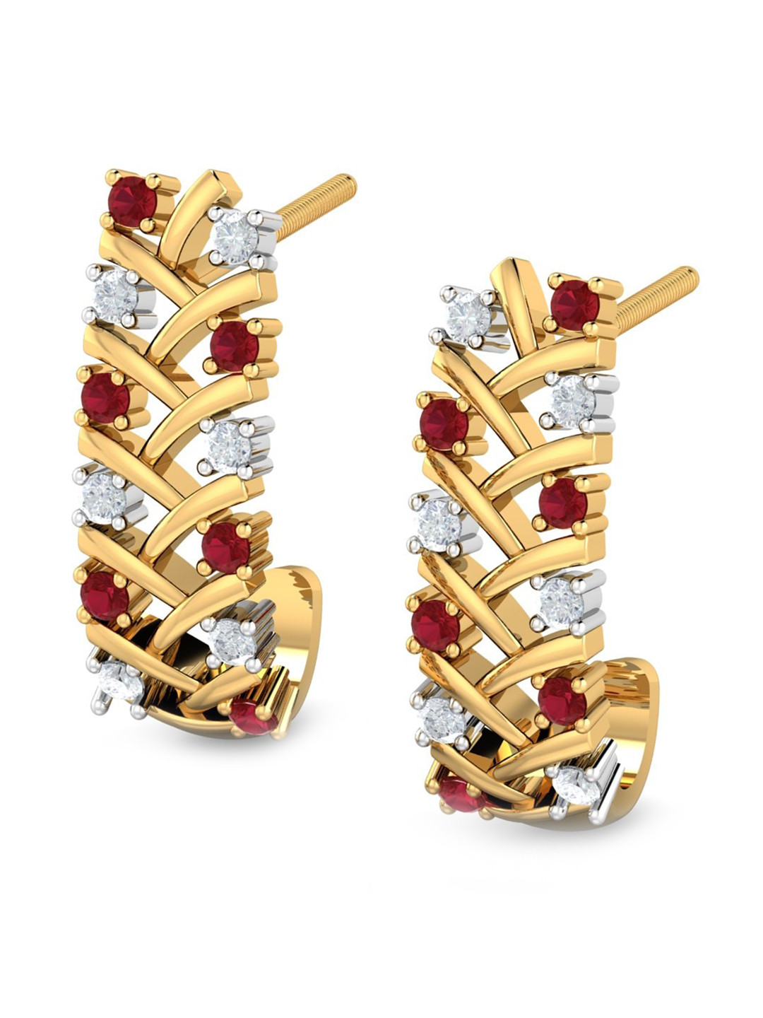 KUBERBOX Naftali18KT Gold Diamond Studded & Rubi J-Hoop Earrings- 1.97 gm