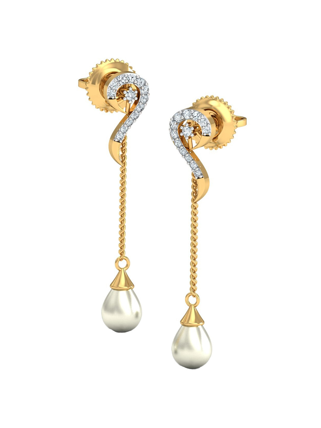 KUBERBOX Lindo 18KT Gold Diamond-Studded Pearl Drop Earrings-1.45 gm