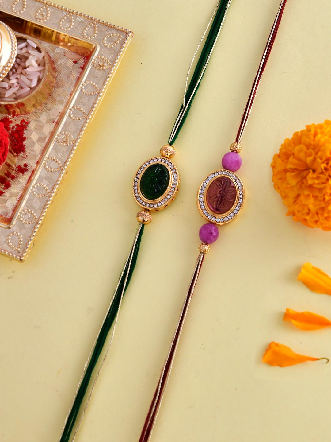 Studded Pink And Green Thread Rakhis - Pack Of 2 | Voylla Rakhi