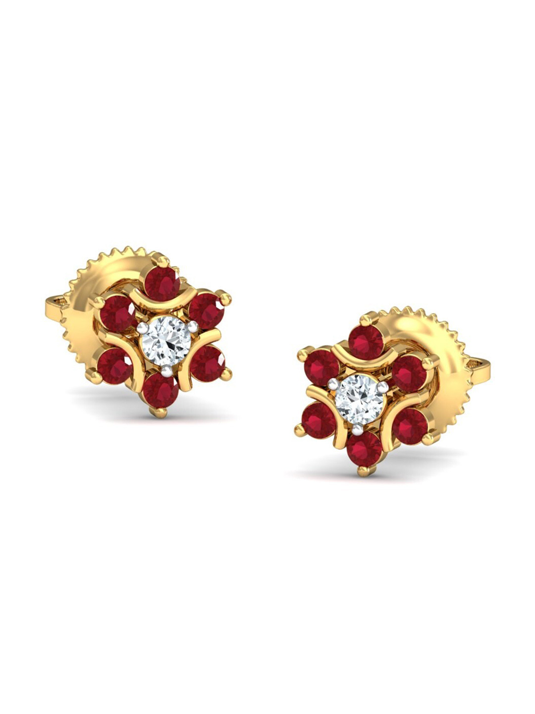 KUBERBOX 18KT Gold Diamond-Studded Klass Ruby Stud Earrings -0.96gm