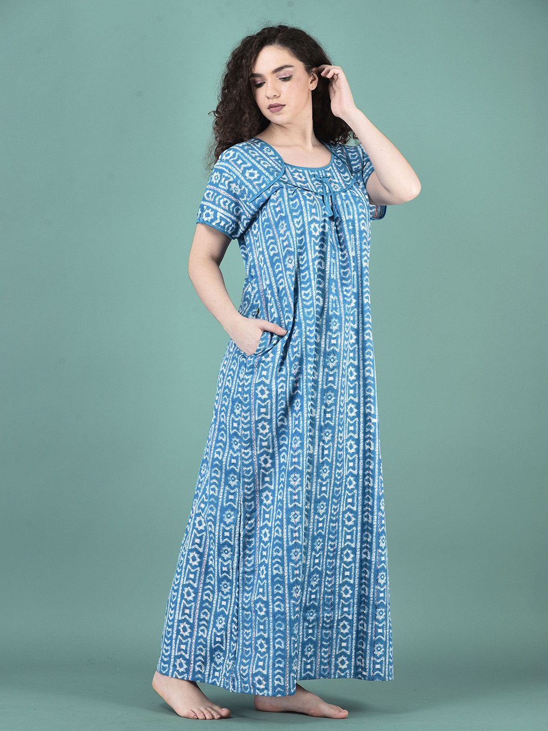 Noty Blue Printed Maxi Nightdress