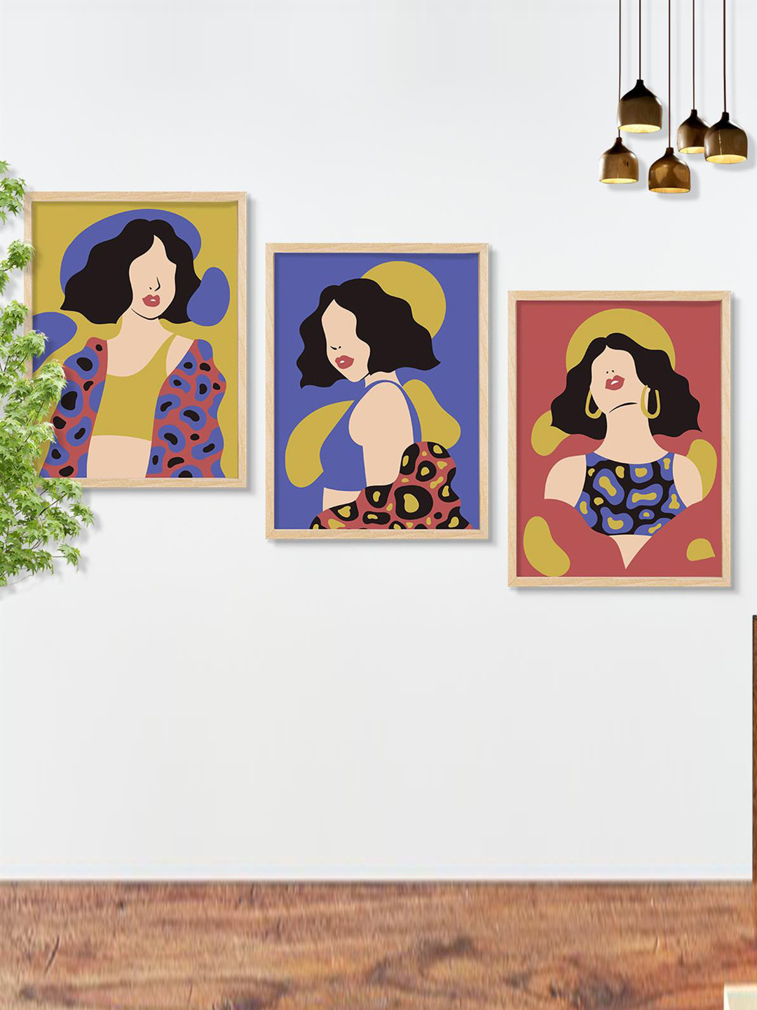 SAF Blue & Yellow 3 Pieces Boho Woman Wall Art