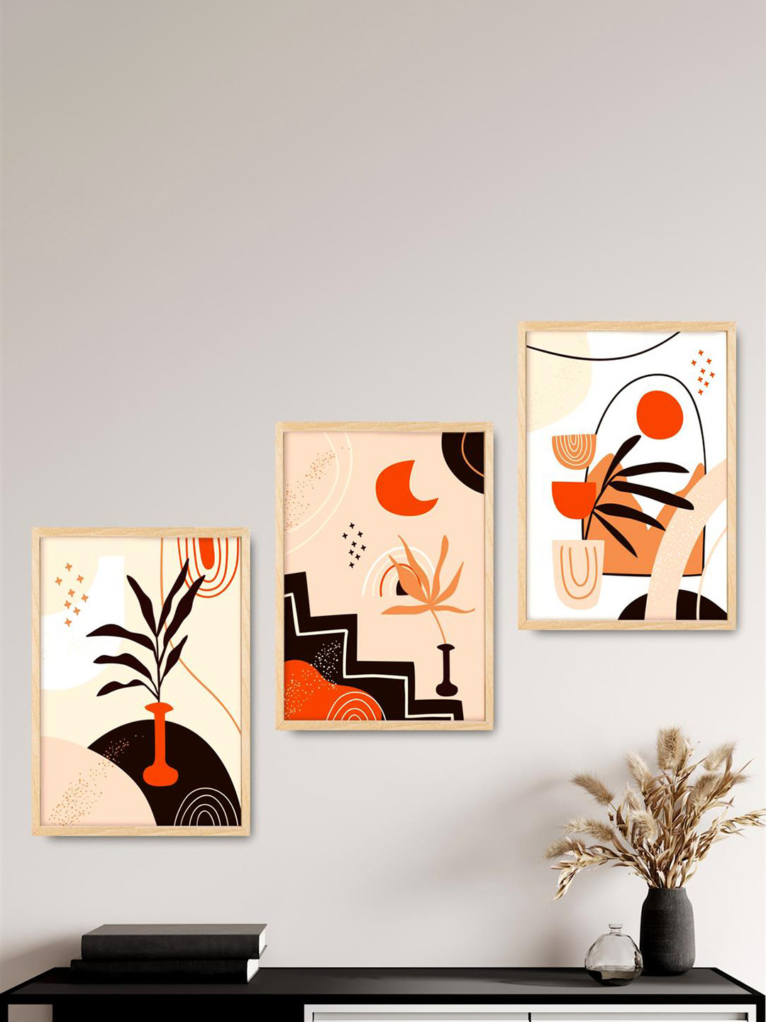 SAF 3 Pcs Pink & Black Modern Painting Framed Wall Art
