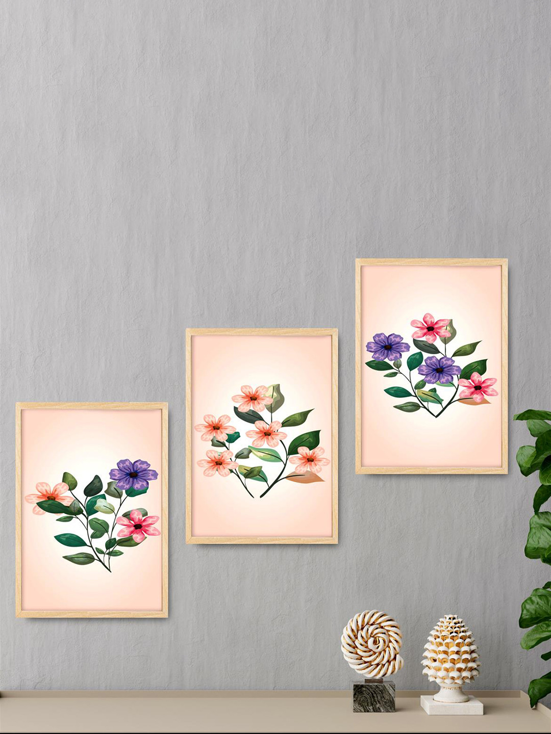 SAF Peach Coloured & Blue 3 Pieces Modern Painting Wall Art
