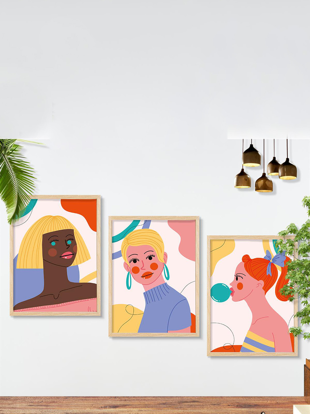 SAF 3-Pcs Blue Boho Women Painting Framed Wall Art